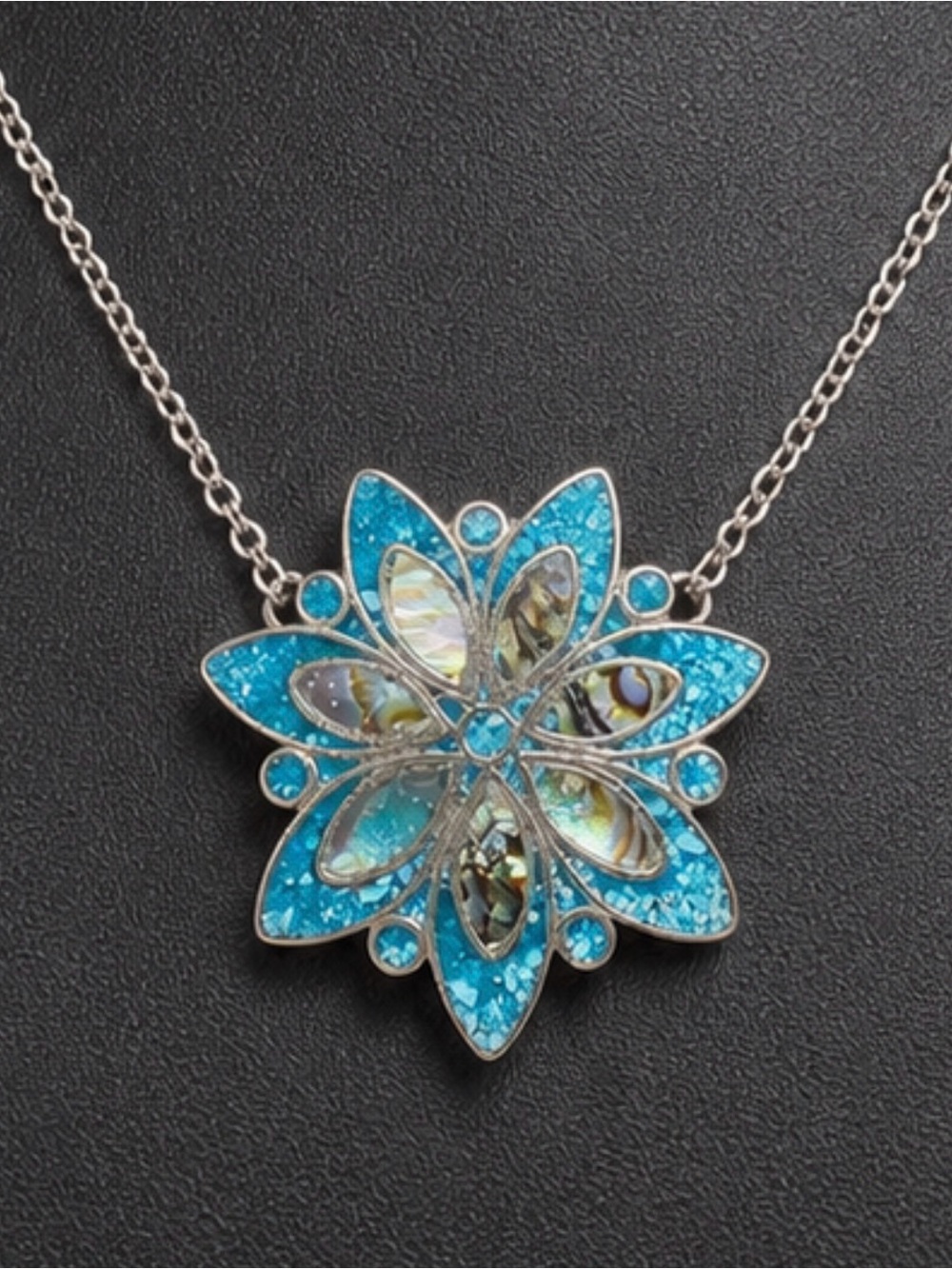 Pendant Brooch 925 Solid Sterling Silver Turquoise Inlay Abalone Floral